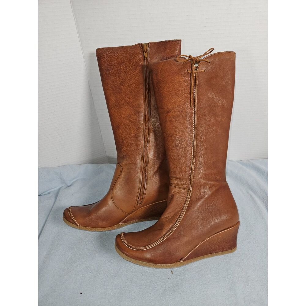 NWT Web Made in Spain Cognac Brown Leather Wedge Mid Calf Boots Sz 37 US6.5-7